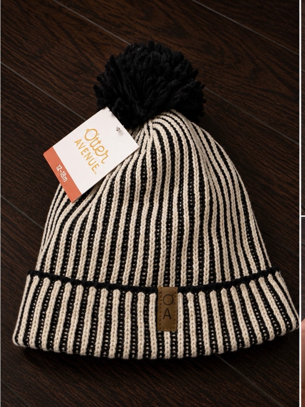 Otter Avenue Black White Striped Pom Pom Beanie 12-18M NWT